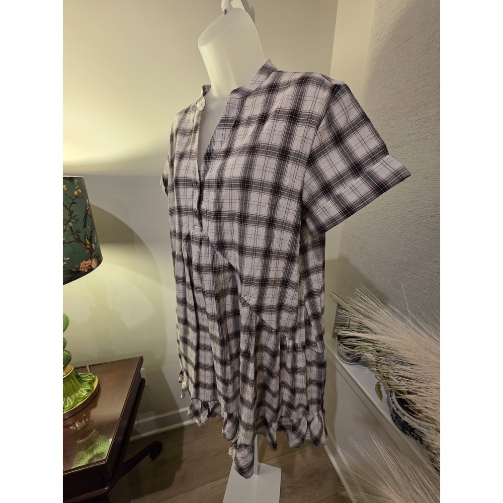 Crinkle Cotton Plaid Babydoll Midi Dress S Brown/White Boho Beachy NWOT - Picture 6 of 16